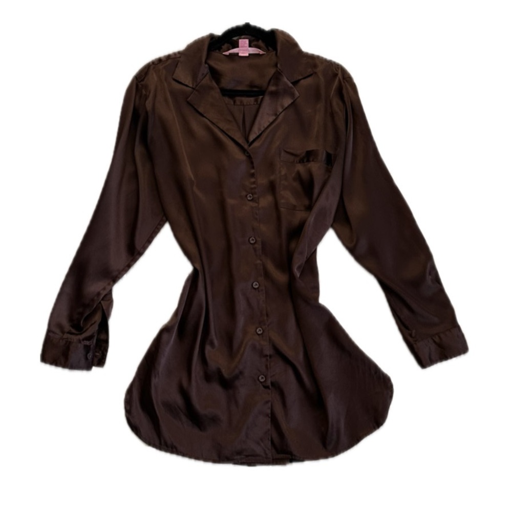 VINTAGE VICTORIAS SECRET Chocolate Brown Silky Satin Top Button Down Size-L